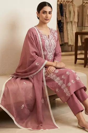 pink embroidered cambric cotton straight kurta set