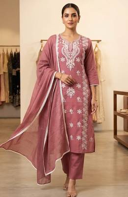 pink embroidered cambric cotton straight kurta set 3