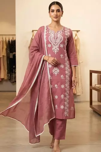 pink embroidered cambric cotton straight kurta set