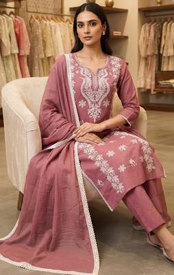 pink embroidered cambric cotton straight kurta set 4