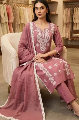 pink embroidered cambric cotton straight kurta set