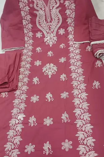 pink embroidered cambric cotton straight kurta set