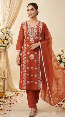 rust embroidered cambric cotton straight kurta set 1