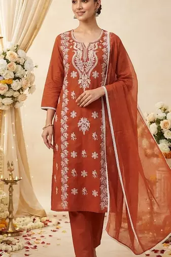 rust embroidered cambric cotton straight kurta set