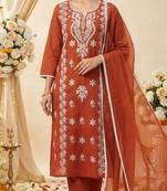 rust embroidered cambric cotton straight kurta set