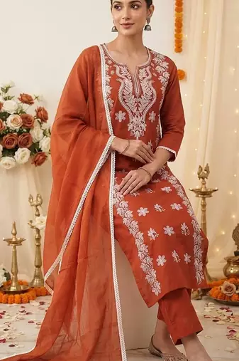 rust embroidered cambric cotton straight kurta set