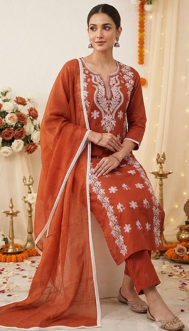 rust embroidered cambric cotton straight kurta set