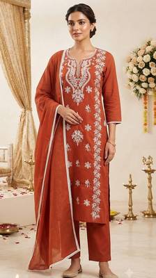rust embroidered cambric cotton straight kurta set 3
