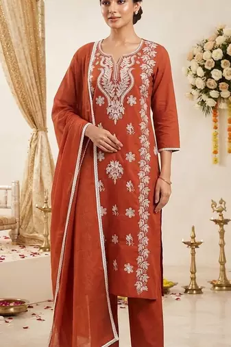 rust embroidered cambric cotton straight kurta set