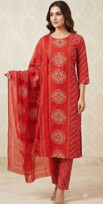 red bandhani print cotton straight kurta set 1