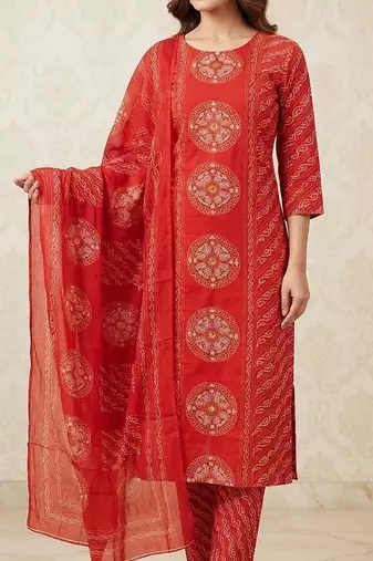 red bandhani print cotton straight kurta set