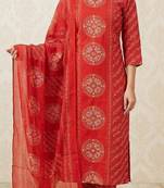 red bandhani print cotton straight kurta set
