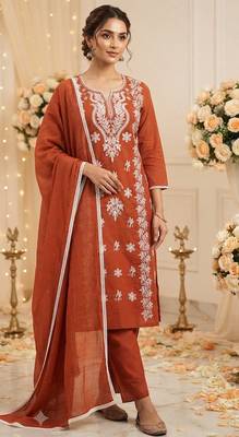 rust embroidered cambric cotton straight kurta set 4