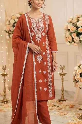 rust embroidered cambric cotton straight kurta set