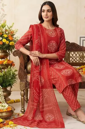 red bandhani print cotton straight kurta set