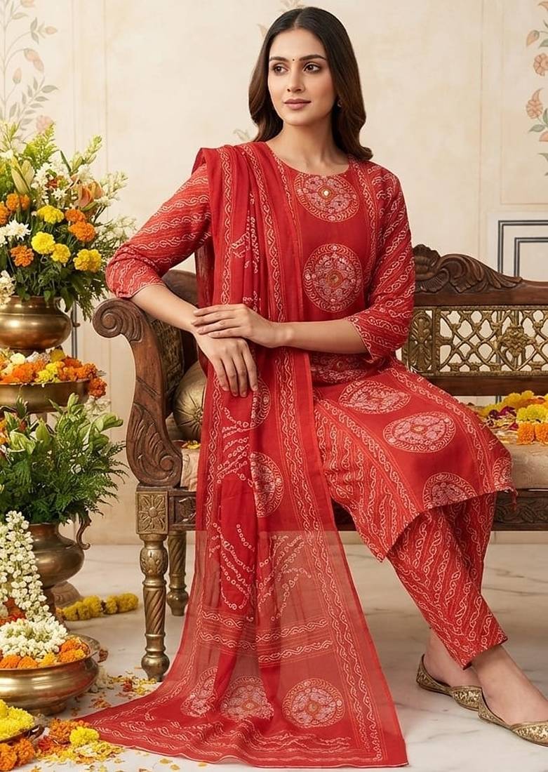 red bandhani print cotton straight kurta set