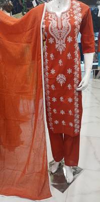 rust embroidered cambric cotton straight kurta set 5
