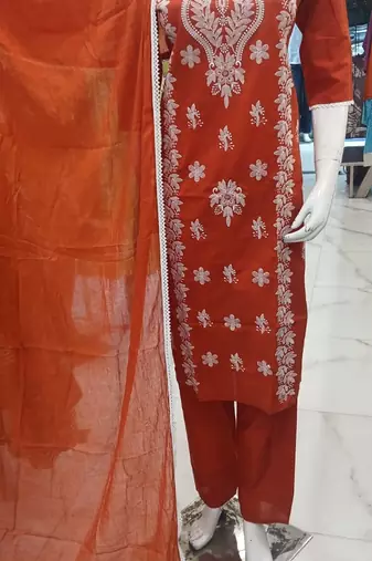rust embroidered cambric cotton straight kurta set