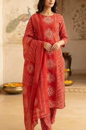 red bandhani print cotton straight kurta set