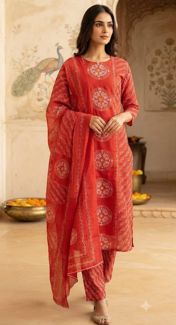 red bandhani print cotton straight kurta set