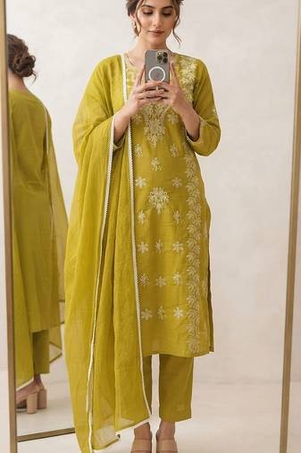 neon embroidered cambric cotton straight kurta set