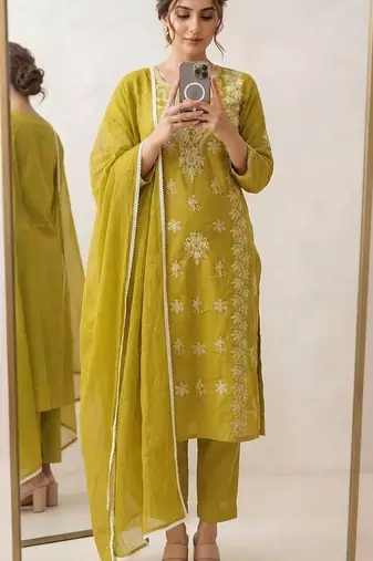 neon embroidered cambric cotton straight kurta set