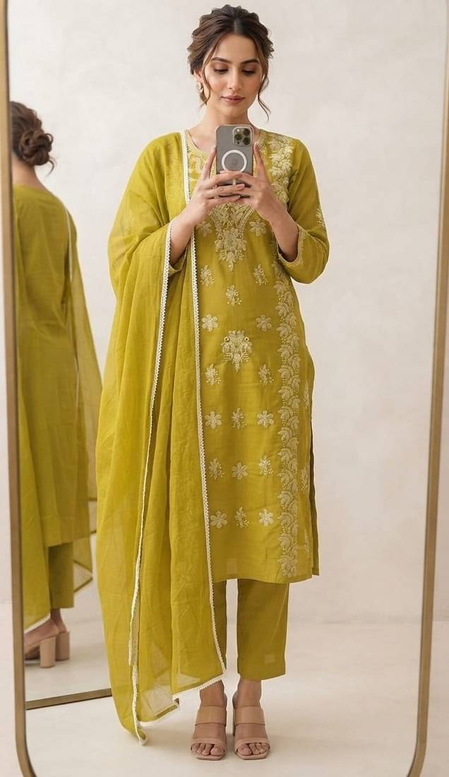 neon embroidered cambric cotton straight kurta set
