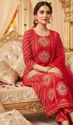 red bandhani print cotton straight kurta set 4
