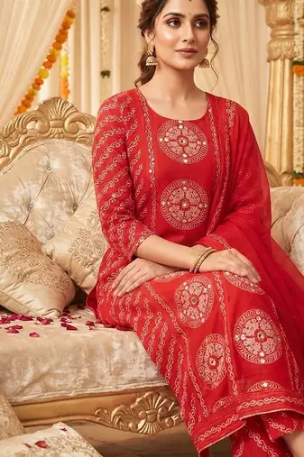red bandhani print cotton straight kurta set