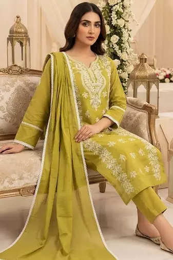 neon embroidered cambric cotton straight kurta set