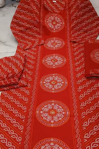red bandhani print cotton straight kurta set
