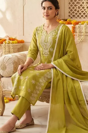 neon embroidered cambric cotton straight kurta set