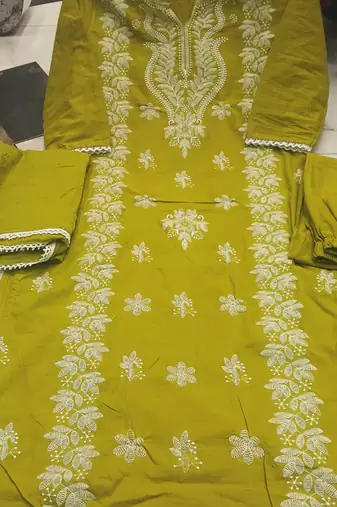 neon embroidered cambric cotton straight kurta set