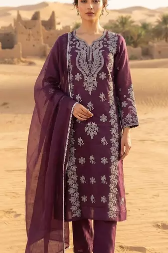 wine embroidered cambric cotton straight kurta set