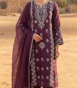 wine embroidered cambric cotton straight kurta set