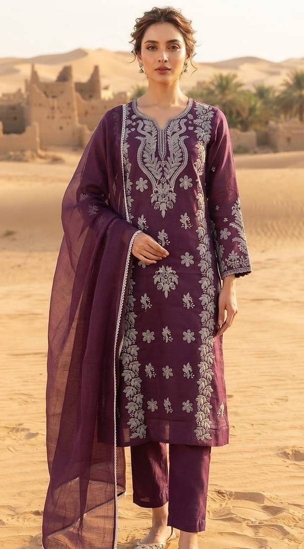 wine embroidered cambric cotton straight kurta set