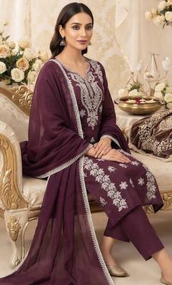 wine embroidered cambric cotton straight kurta set 2