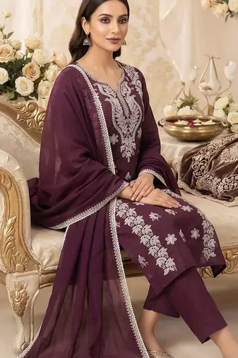 wine embroidered cambric cotton straight kurta set