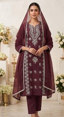 wine embroidered cambric cotton straight kurta set 3