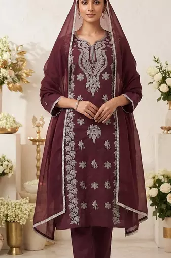 wine embroidered cambric cotton straight kurta set