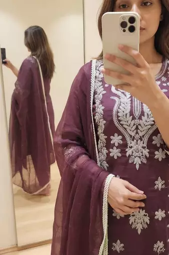 wine embroidered cambric cotton straight kurta set