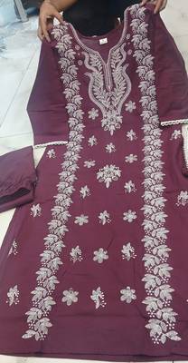 wine embroidered cambric cotton straight kurta set 5