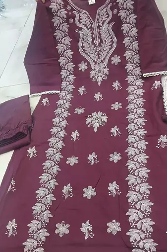 wine embroidered cambric cotton straight kurta set