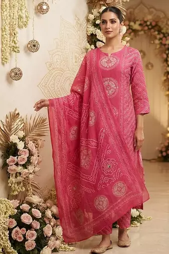 pink bandhani print cotton straight kurta set
