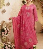 pink bandhani print cotton straight kurta set