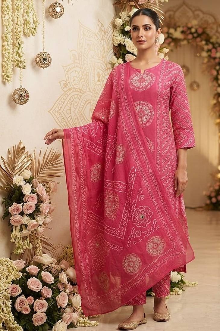 pink bandhani print cotton straight kurta set