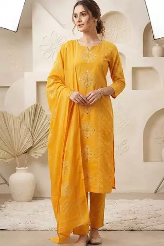 yellow bandhani print cotton straight kurta set