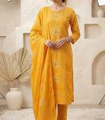 yellow bandhani print cotton straight kurta set