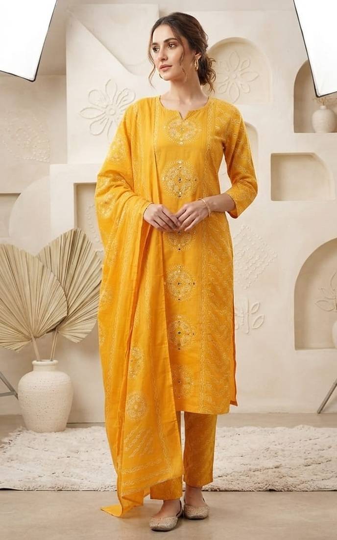 yellow bandhani print cotton straight kurta set