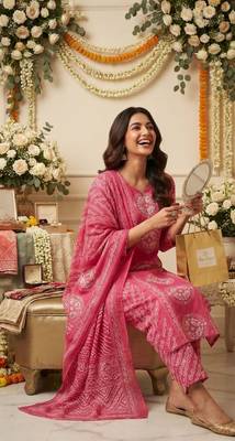 pink bandhani print cotton straight kurta set 2